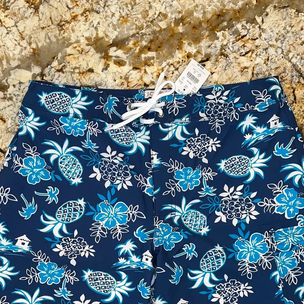 NWT J. Crew Men's Navy, Turquoise Tropical Swim Board Short - SIZE 32
